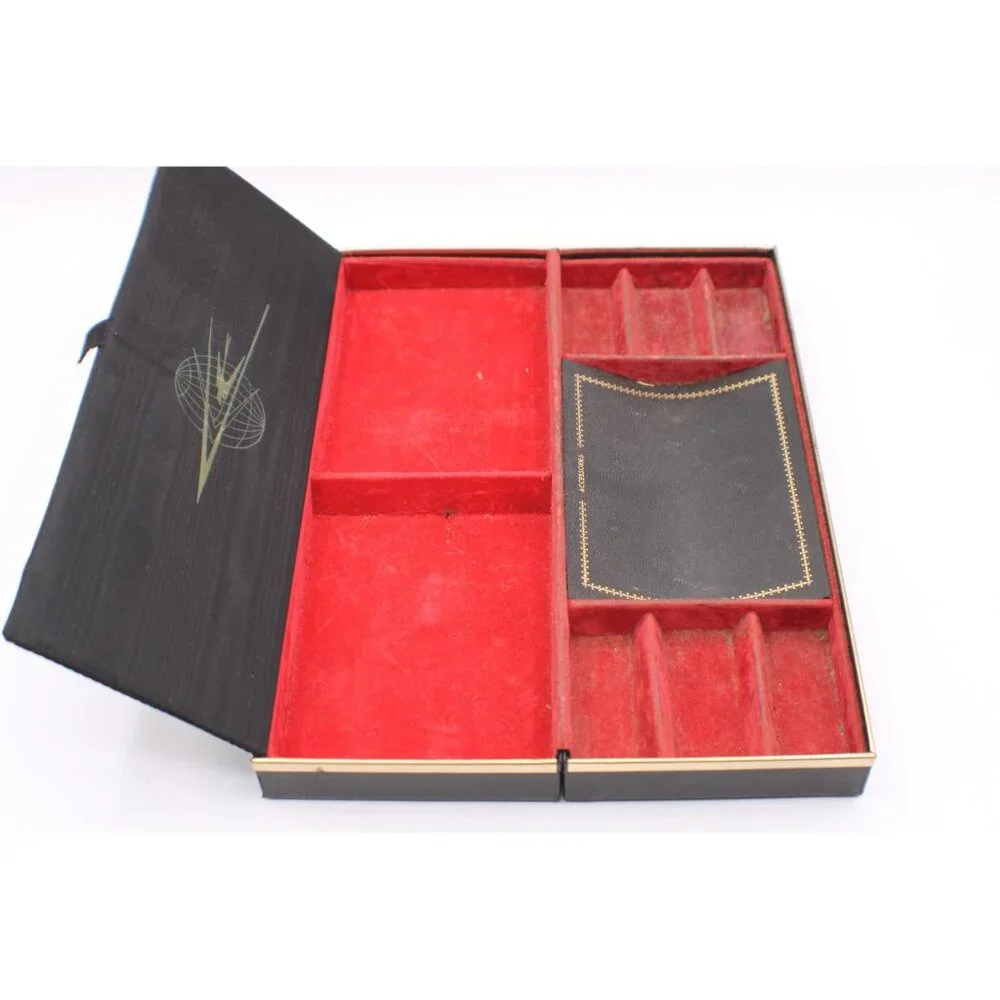 Vtg 1960s Black Red Accessory Jewelry Storage Box Compartments Gold Airline Logo